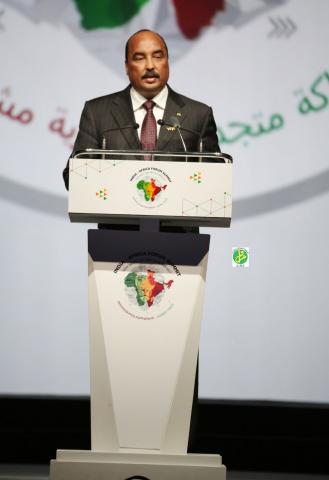 Le président mauritanien Mohamed Ould Abdel Aziz prenat la parole pendant la séance d'ouverture du 3ème sommet Inde/Afrique