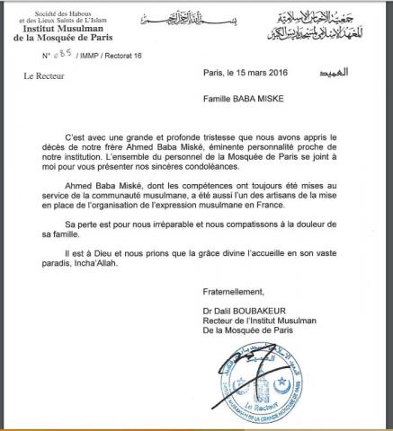 Lettre de condoléances recteur de l'institut musulman de la mosquée de paris